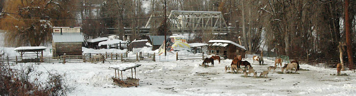 photo of old corral with horses and deer
